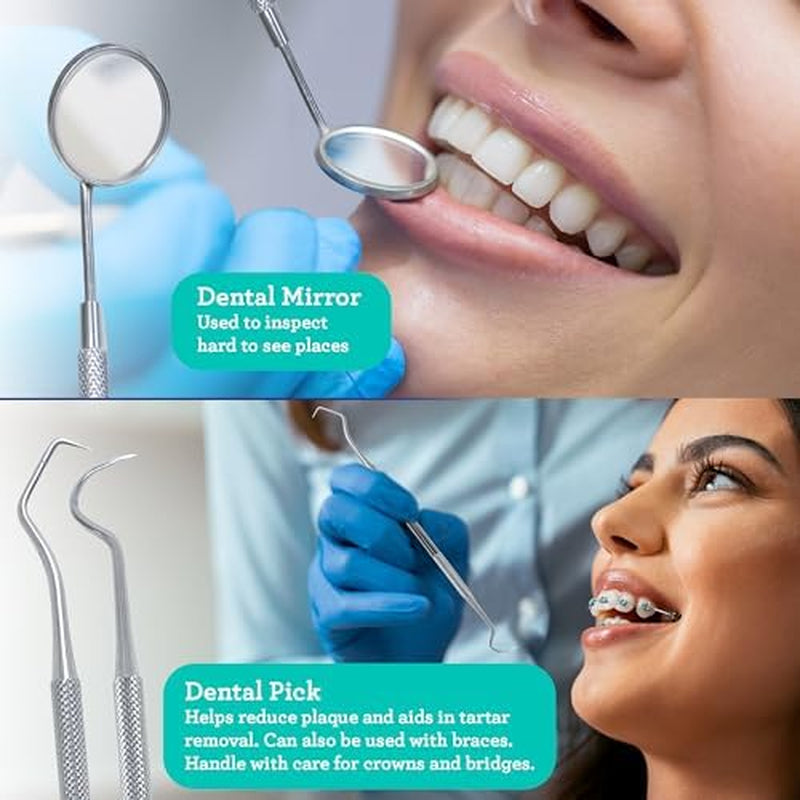 Professional Stainless Steel Dental Kit with Tongue Scraper, Dental Mirror, Scaler & Gum Stimulator - 4 Piece Tools Set