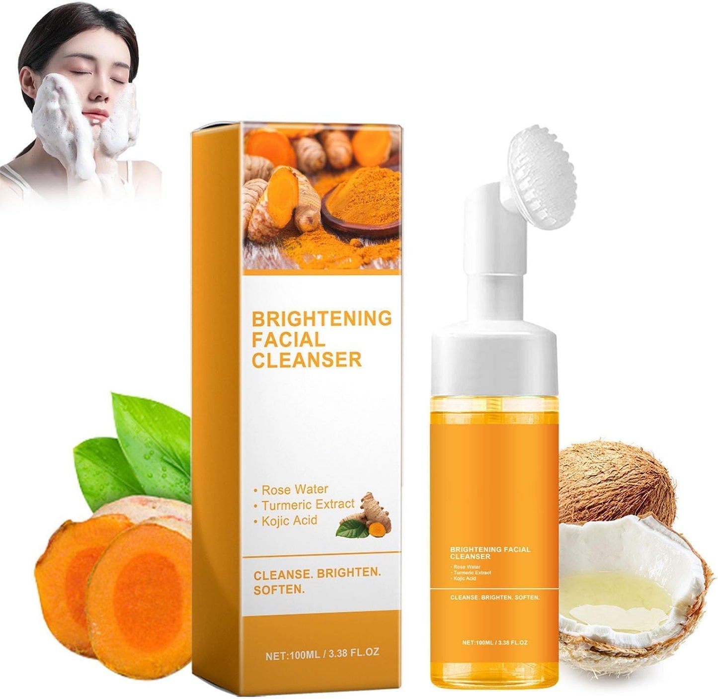 Turmeric Facial Cleanser, 2PCS Turmeric Facial Wash, Turmeric Foaming Cleanser for All Skin, Turmeric Kojic Acid Foaming Cleanser, Yellow