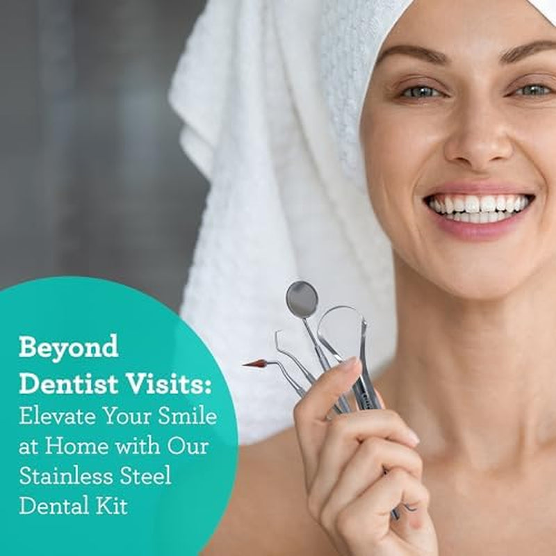 Professional Stainless Steel Dental Kit with Tongue Scraper, Dental Mirror, Scaler & Gum Stimulator - 4 Piece Tools Set