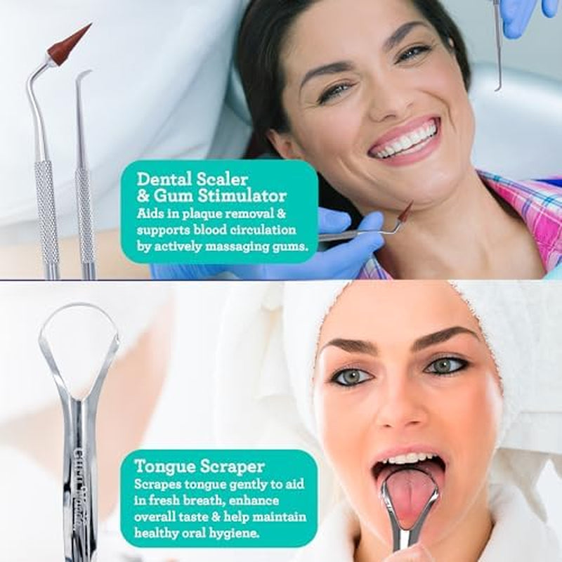 Professional Stainless Steel Dental Kit with Tongue Scraper, Dental Mirror, Scaler & Gum Stimulator - 4 Piece Tools Set