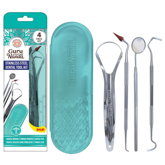 Professional Stainless Steel Dental Kit with Tongue Scraper, Dental Mirror, Scaler & Gum Stimulator - 4 Piece Tools Set