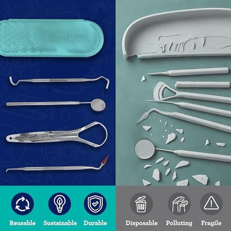 Professional Stainless Steel Dental Kit with Tongue Scraper, Dental Mirror, Scaler & Gum Stimulator - 4 Piece Tools Set